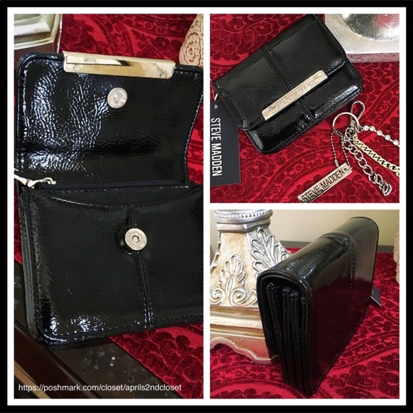 STEVE MADDEN BLACK WALLET & CRYSTAL KEY CHAIN A3C - Picture 3 of 8